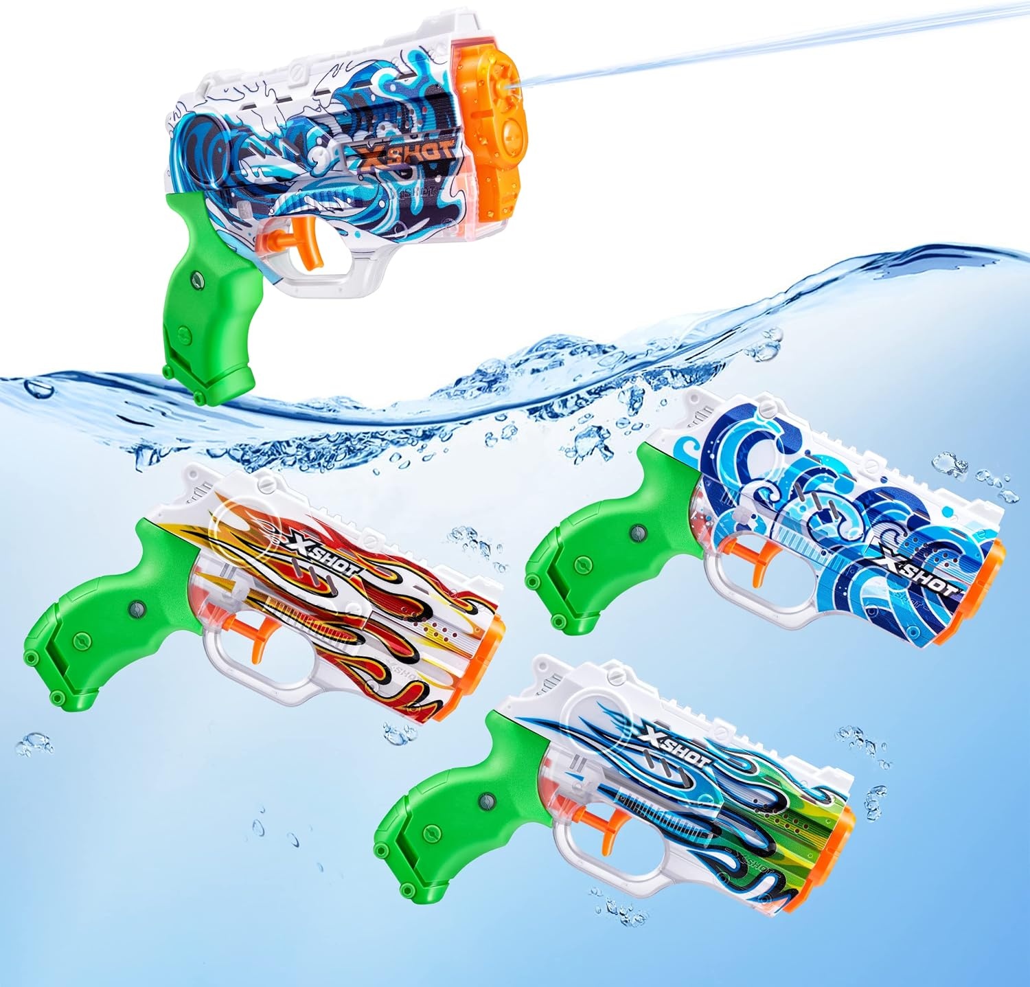 image:imageXSHOT Water FastFill Skins Nano 4 Pack by ZURU Refresh Watergun XSHOT Water Toys 4 Blasters Total Fills with Water in just 1 Second Hydra Waves White Flame Emerald Flame